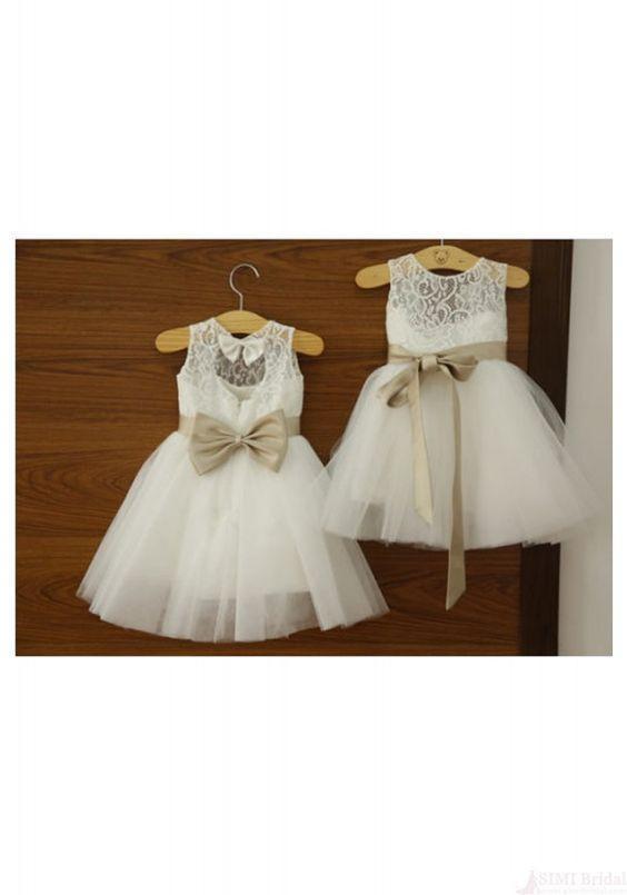 Ankle-length Sashes/Ribbons Scoop Neck White Lace Tulle Flower Girl Dresses