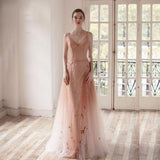 Open Back Spaghetti Straps Prom Dresses Ombre Tulle V Neck Pink Beauty Prom Gowns