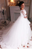 Ball Gown Lace Tulle 3/4 Sleeves Scoop White Lace up Wedding Gowns Wedding Dresses