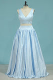 2024 V Neck Two-Piece Prom Dresses A Line Satin With Beads P5Y9LQYL