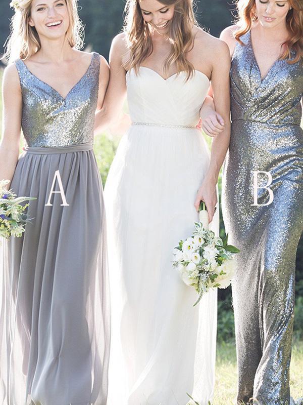 Charming A-line Spaghetti Straps V-Neck Chiffon Sleeveless Prom Dress Bridesmaid Dresses