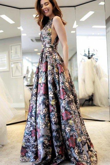 A-Line V-Neck Sweep Train Multi Color Printed Flower Sleeveless Backless Prom Dresses