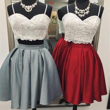 A Line Spaghetti Straps Sweetheart Lace Two Pieces Short Cocktail Homecoming Dresses