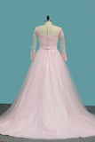 2024 A Line Tulle Long Sleeves Scoop Wedding Dresses With Applique And Sash PY1XC7BX
