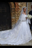 A Line Mid-Sleeves Ivory Satin Wedding Dresses With Cathedral Train Royal Lace PKRXEPT2