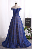 2024 Dark Royal Blue Evening Dress Scoop Cap Sleeves See-Through Lace With Applique PTX68JQ9