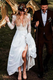 Simple Long Sleeve V Neck Chiffon Wedding Dresses, Lace V Back Beach Bridal Dresses STK15393