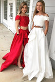 A-Line Princess Off-the-Shoulder Sleeveless Brush Train Lace Satin Two Piece Prom Dresses