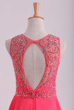 2024 Water Melon Prom Dresses Scoop A Line Beaded Bodice Open Back Chiffon & PXCLZ7BH