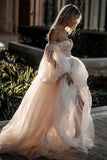 Princess Long Puff Sleeves Off the Shoulder Tulle Wedding Dresses, Beach Wedding Gowns STK15298