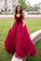 Strapless A-line Long V-Neck Tulle Burgundy Sleeveless Floor-Length Prom Dresses