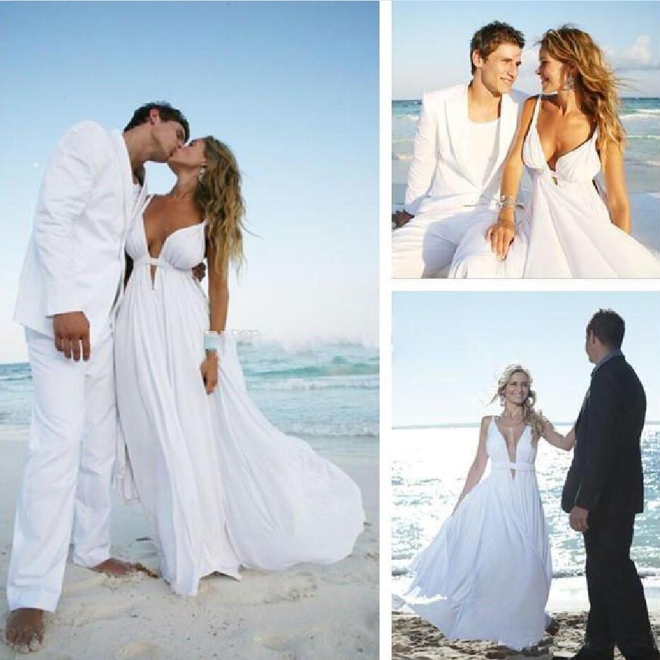 Sexy Deep V Neck White Chiffon Beach Elegant A-Line Bridal Floor-Length Wedding Dresses