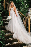 Elegant A Line Illusion Beads V Neck Tulle Long Backless Wedding Dresses Prom STKP8CG9KC9