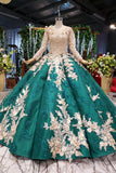 Ball Gown Long Sleeve Satin Beads Prom Dresses, Quinceanera Dresses with Appliques STK15059