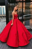 Charming Vintage Red Sweetheart Strapless Satin Ball Gown Sleeveless Prom Dresses