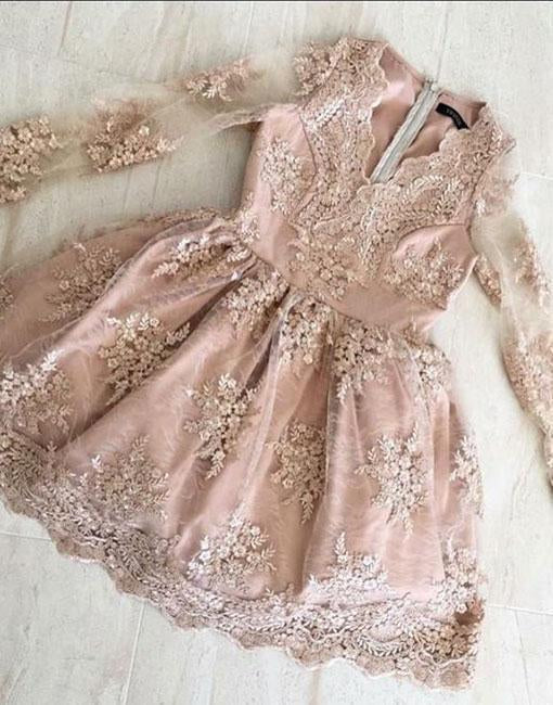 A Line V neck Lace Short Prom Dress Long Sleeve Satin Appliques Homecoming Dresses