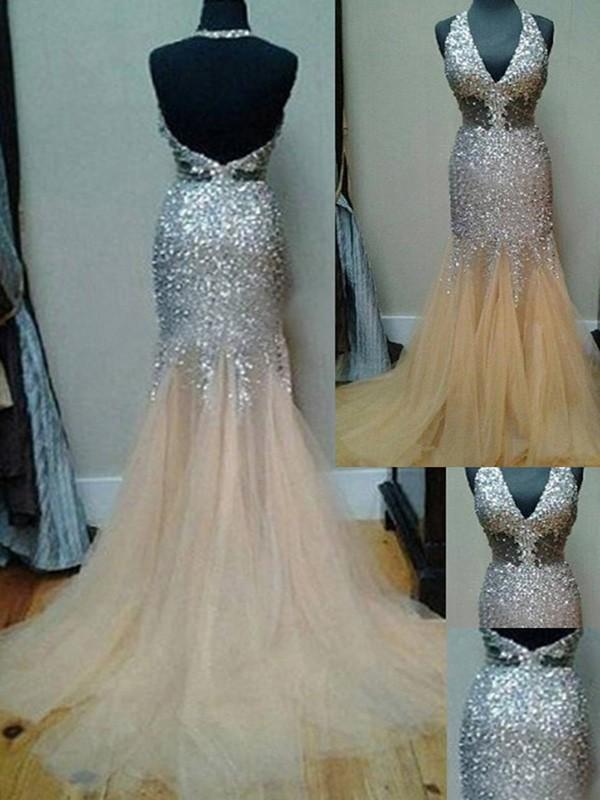 Sexy Unique Deep V Neck Mermaid Sexy Tulle Halter Backless Beads Prom Dresses