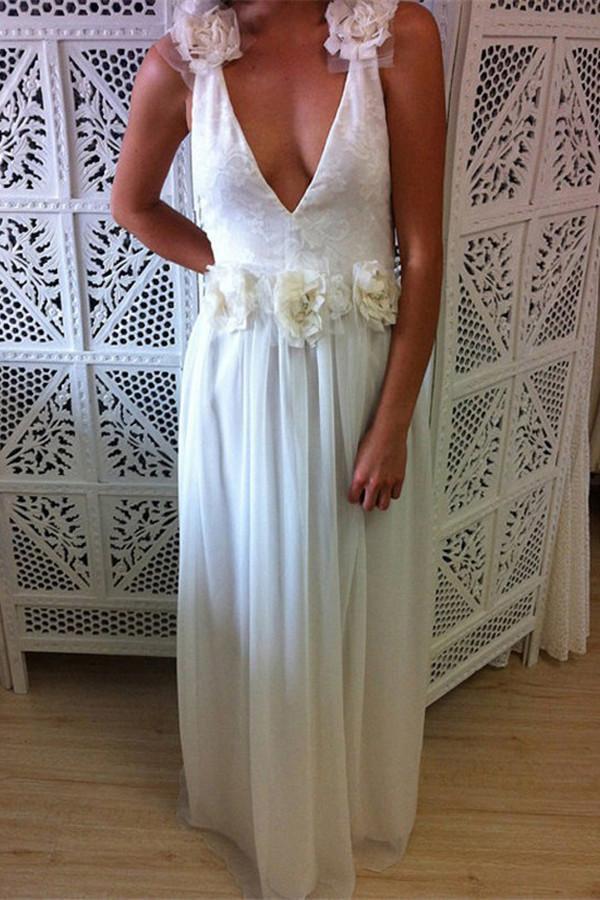 A-Line V-Neck Floor Length Backless Chiffon Tulle Wedding Dress with Handmade Flower