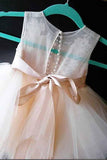 A-Line Tulle Beads Appliques Scoop Blush Pink Button Cap Sleeve Flower Girl Dresses