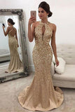 Mermaid Sleeveless Halter Sequins Golden Open Back Sweep Train Satin Prom Dresses