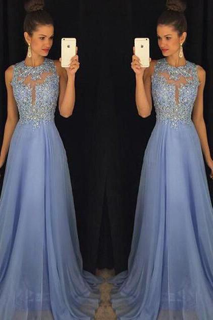 Sky Blue A Line Prom Dresses Tulle Skirt Lace Bodice Prom Gowns