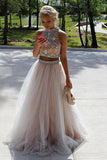 Two Piece High Neck Open Back Tulle Sequins Sleeveless Floor-Length Prom Dresses