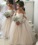 Princess A-Line Round Neck Tulle Long Sleeves Bowknot Flower Girl Dress with Appliques