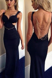 Mermaid V-Neck Floor-Length Backless Spandex Sleeveless Navy Blue Prom Dresses