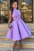A-Line High Neck Tea-Length Sleeveless Purple Satin Homecoming Dress with Appliques