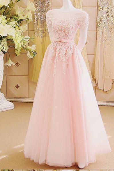 Charming A-Line Appliques Tulle Sexy Long Pink Floor-Length Prom Dresses
