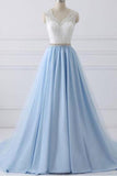 A-Line Lace Open Back V-Neck with Sash Blue and White Cap Sleeve Prom Dresses