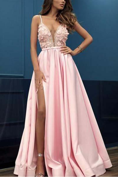 A Line Pink V Neck Sleeveless Spaghetti Straps High Slit Prom Dresses With Appliques