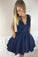 A-Line V Neck Short Navy Blue Satin Homecoming Dresses with Lace Sequins Pockets