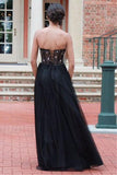 Long Black Sexy Tulle Strapless Lace up Sweetheart A-Line Beads Prom Dresses