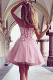 Cute A Line Sweetheart Strapless Tulle Pink Short Prom Dresses Homecoming Dresses