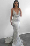 Backless V-neck Sequins Silver Spaghetti Straps Short Train Mermaid Prom Dresses