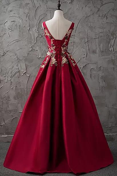 Chic Burgundy Cheap Scoop Long Lace up Satin Sleeveless Prom Dresses