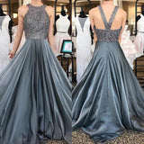 Grey Halter Open Back Chiffon A-Line Rhinestone Beaded Top Dark Long Prom Dresses