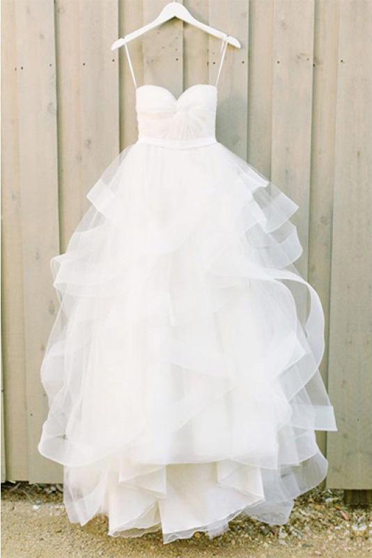 Sweetheart White Layers Long Ball Gown Spaghetti Strap Tulle Floor-length Wedding Dress