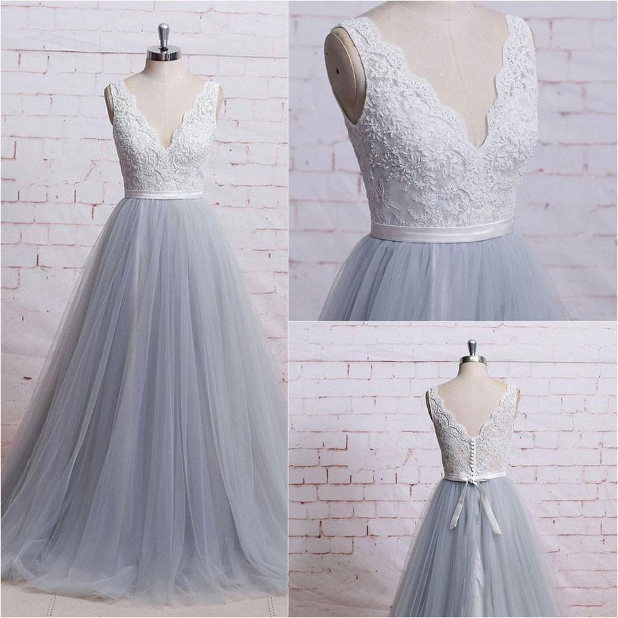 A-Line V-Neck Ivory Lace Bodice Grey Tulle Skirt Chapel Train Appliques Wedding Dress