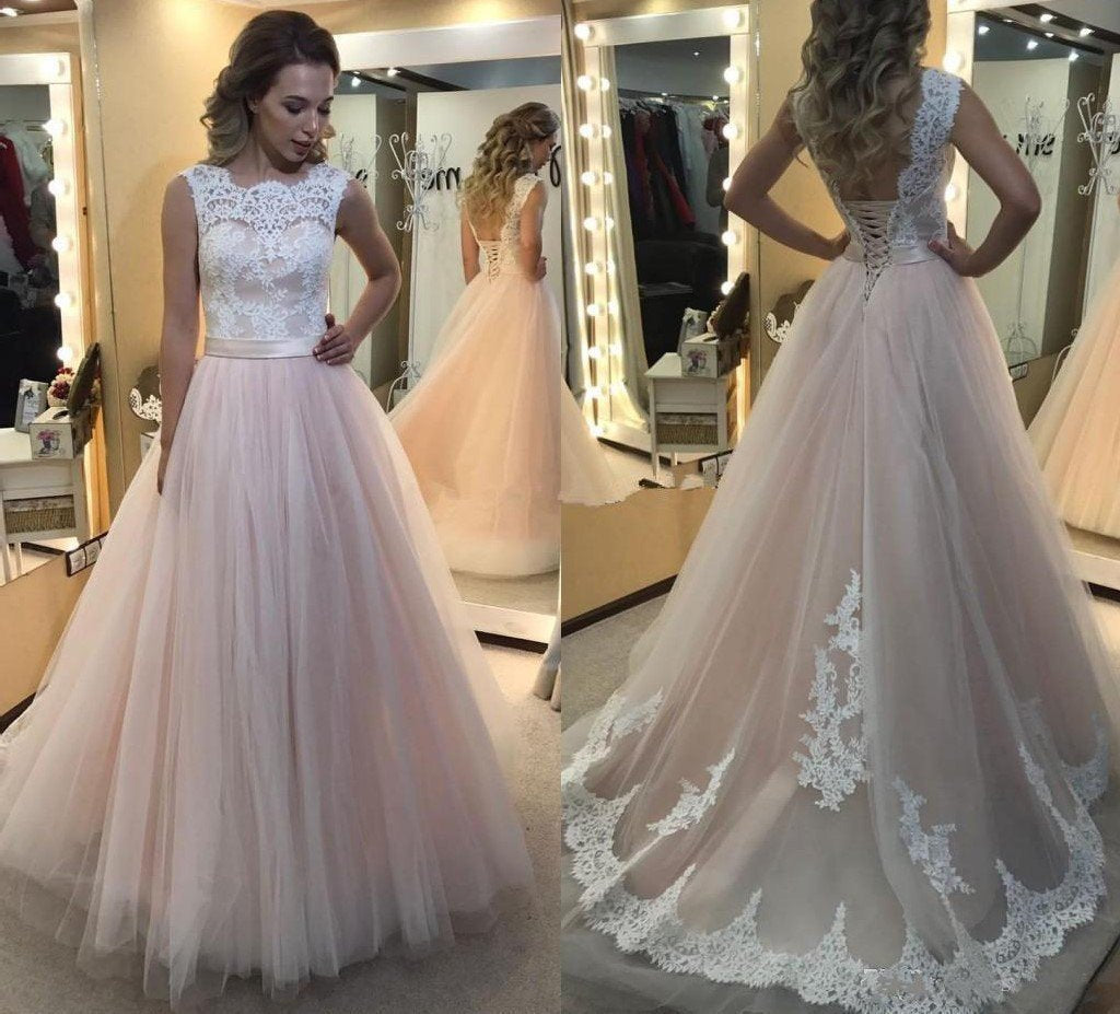 A-Line Light Pink Tulle with White Lace Appliqued Open Back Floor-Length Prom Dresses