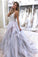 A Line Spaghetti Straps V Neck Silver Tulle Long Wedding Dresses with Rhinestones PW281