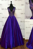Gorgeous A-line V-neckline Beaded Royal Blue Sleeveless Floor-Length Prom Dresses