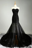 Sexy Black Sweetheart Sheath Tulle Beads Lace Appliques Strapless Long Prom Dresses