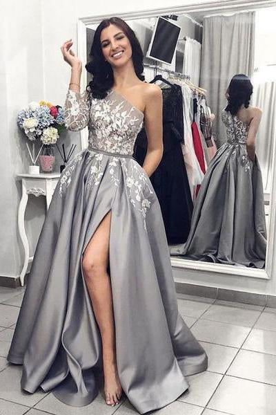 A Line One Long Sleeve Satin Gray Lace Formal Dresses Side Slit Prom Dresses