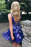 A-Line V-Neck Backless Short Royal Blue Printed Chiffon Cute Prom Homecoming Dress