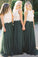 A Line Lace Bodice Green and White Tulle Long Round Neck Bridesmaid Dresses