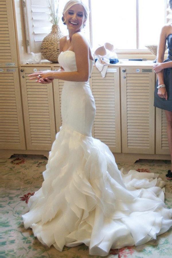 Mermaid Sweetheart Court Train Organza White Strapless Open Back Wedding