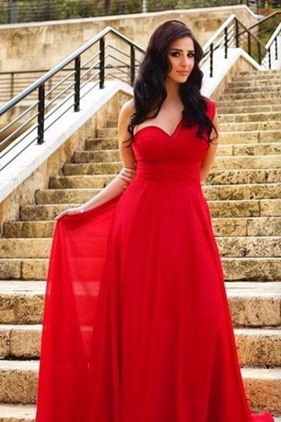 Long Elegant Chiffon A-Line One Shoulder Simple Red Sweetheart Backless Pleat Prom Dresses