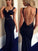 Mermaid V-Neck Floor-Length Backless Spandex Sleeveless Navy Blue Prom Dresses